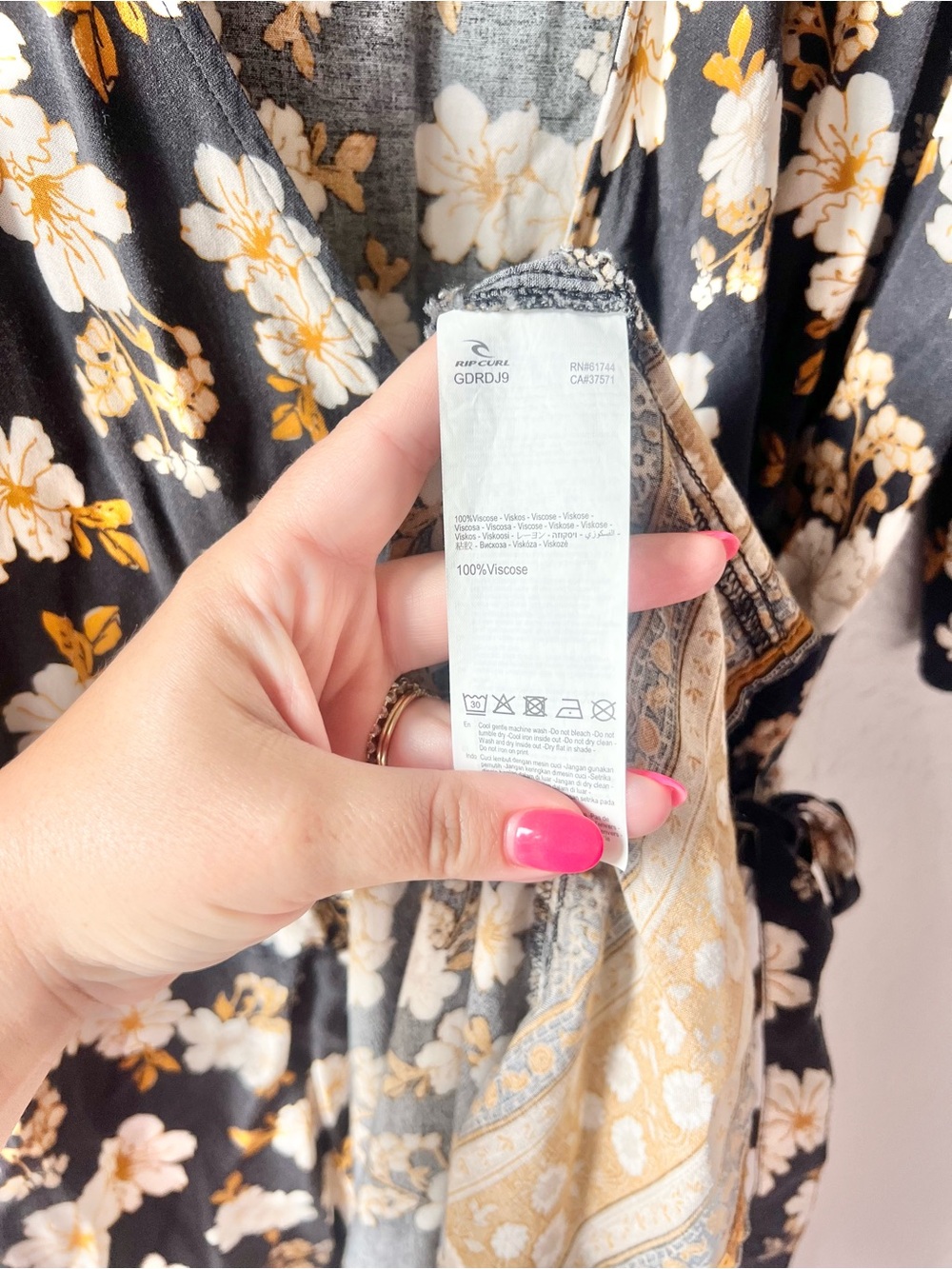 Rip Curl Gray Mustard Yellow Marigold Floral Ruffle Wrap Dress Sz L - Picture 5 of 7